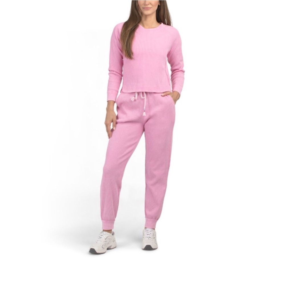 Sunnyside by Sundry Pink Waffle‎ Knit Top Pants Lounge Set Women's Size XL